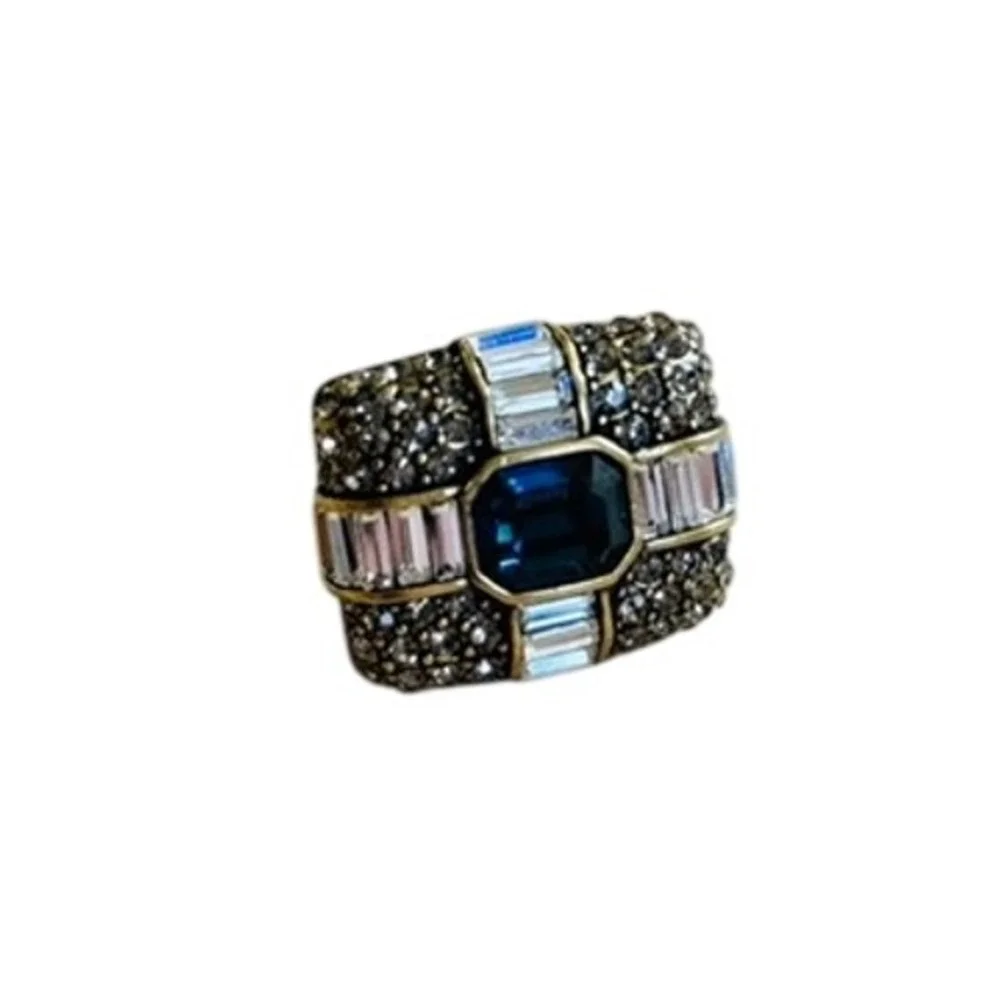 Heidi Daus Art Deco Style Cocktail Ring Statement Blue Crystal Pave Rhinestone